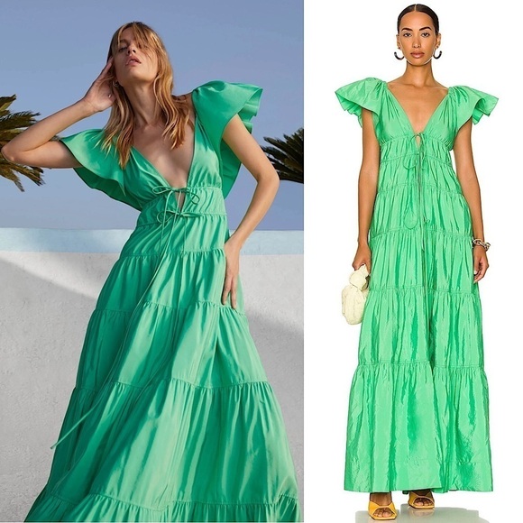 ALC Flutter Short Sleeve V-Neck Empire Waist Front Tie Ruffle Tier Maxi Gown 6 - Picture 1 of 16